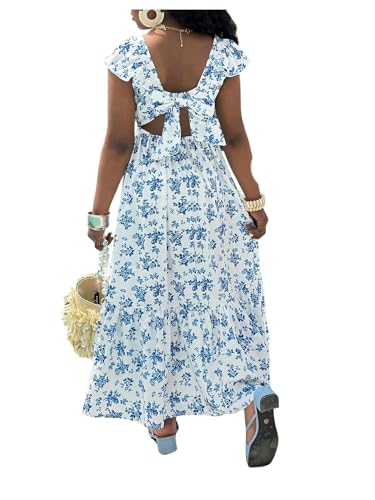Girl's Floral Maxi Dress Boho Bowknot Ruffle Cap Sleeve Vacation Flowy Dresses