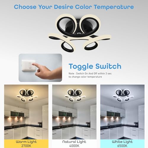 Image of Illiana 22W Modern LED Ceiling Light, Round Wave Design, 3 Color Modes (Warm, Cool & Natural White), Decorative Light for Living Room, Bedroom, Office & Dining Area