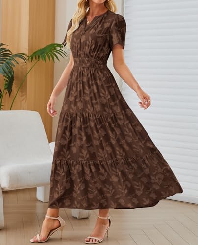 Image of Women's Maxi Dresses Boho Burnout V Neck Short Puff Sleeve Smocked Empire Waist Long Wedding Guest Semi Formal Dress Pockets