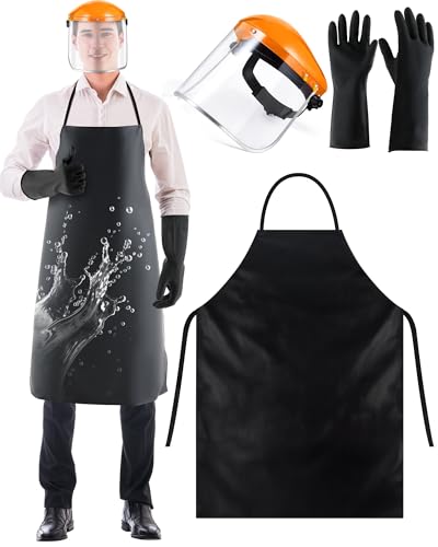 ElectricWise 3 Pack Safety Face Mask Shield with 42.5" Waterproof Rubber Apron Gloves for Men Chemical Grinding Cleaning Industrial (Black,Orange)
