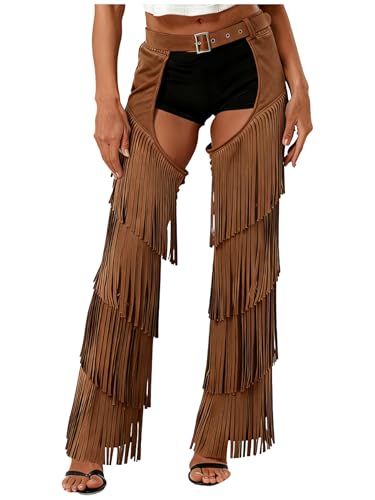 Zaldita Chaps for Women Cowgirl Pants Fringe Cowboy Assless Chaps Western Pants Trousers for Club Party Dark Brown Small