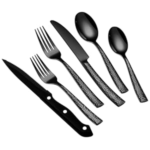 Stapava 48 Pcs Black Hammered Silverware Set with Steak Knives, Stainless Steel Flatware Set for 8, Mirror Cutlery Include Forks Spoons and Knives Set for Home Hotel, Dishwasher Safe Utensils