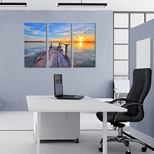 Noah Art-Sunset Lake Wall Art, Birds Flying Over The Pier Nature Ocean Landscape Picture Posters Prints On Canvas, Large Size Bathroom Wall Decor, 14X28Inch X 3 Piece Set #TOP6