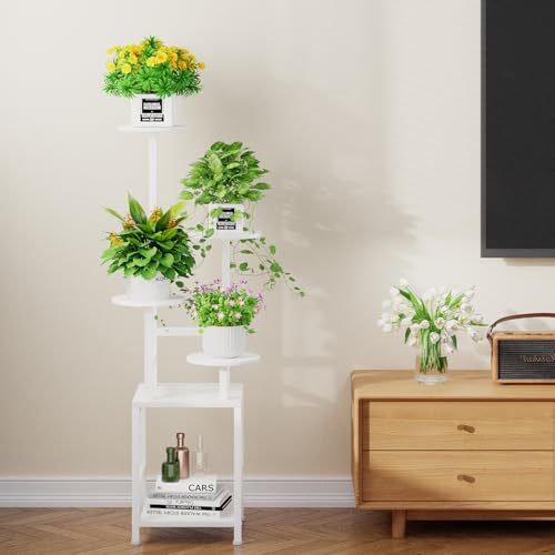 Image of Homsorout Plant Stand Indoor with Grow Light, 5-Tiered Tall Plant Stand Indoor, Metal Plant Shelf with Adjustable Light, Ideal for Living Room, Garden, Round Patio white