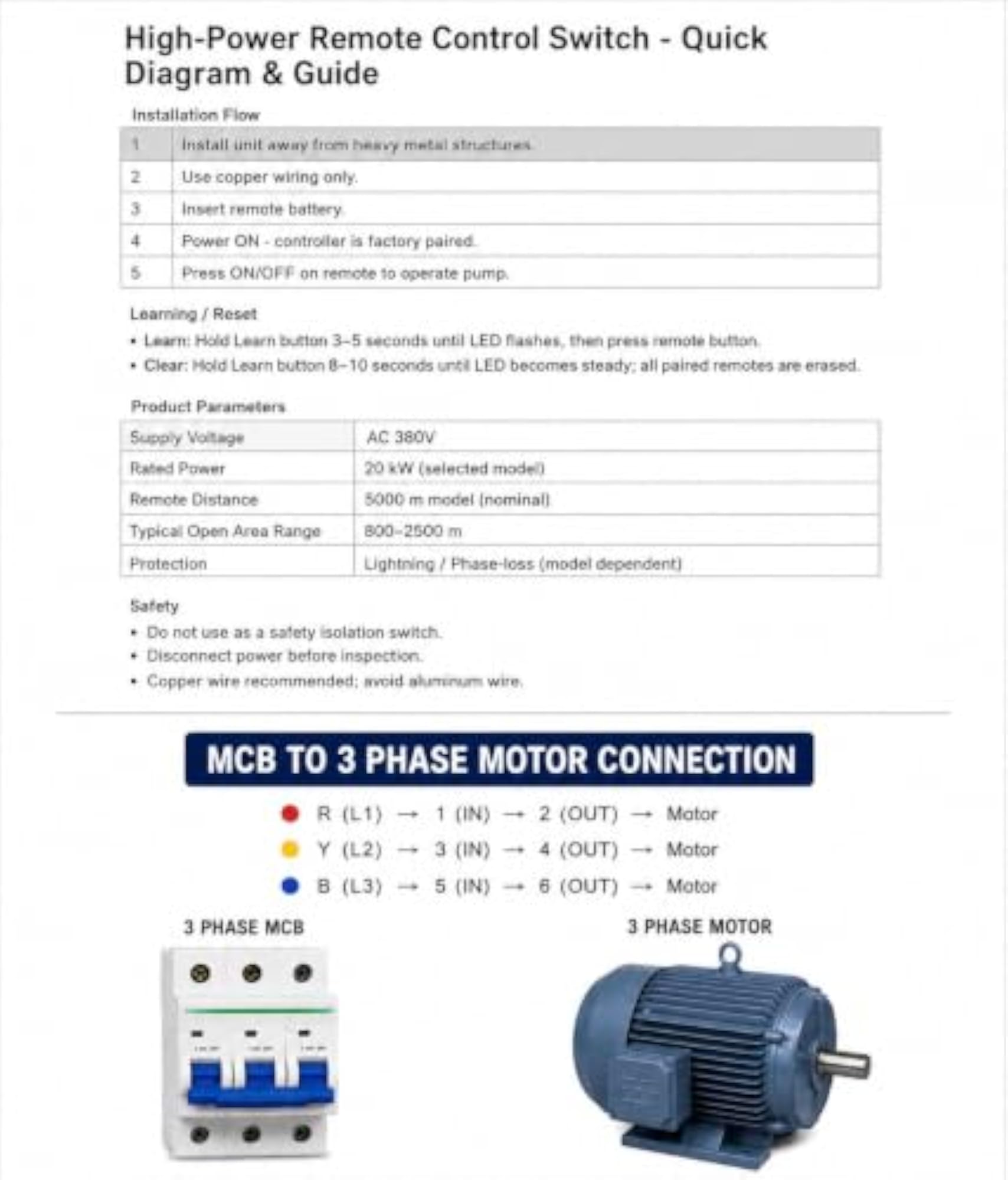 Water Pump Motor Remote Control Switch 20kW AC
