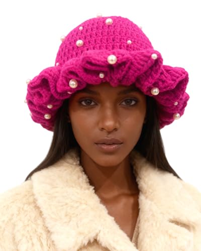 Image of Women Crochet Bucket Hat Cute Winter Ruffled Brim Floppy Cap Handmade Knit Cloche Hats