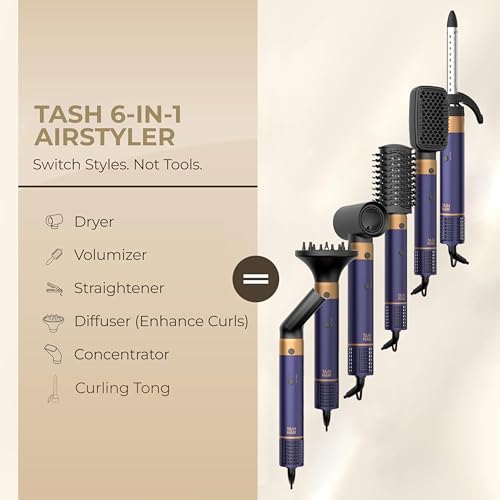 Image of Tash Hair 6-in-1 AirStyler- Hot Air Brush, Straightener Brush, Curling Tong, Blow Dryer, Concentrator & Diffuser | 50% Less Hair Breakage, 1200 Watts, 3 Heat Settings | All in One Multi Styler