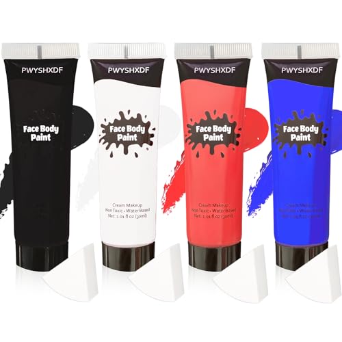 4 Colors Face Body Paint 1.01 fl oz/PC Water Based Body Paint for Adults Washable Face Paint Kit with Sponges Face Painting for Halloween Clown Vampire Makeup USA Flag/Sports Event Makeup