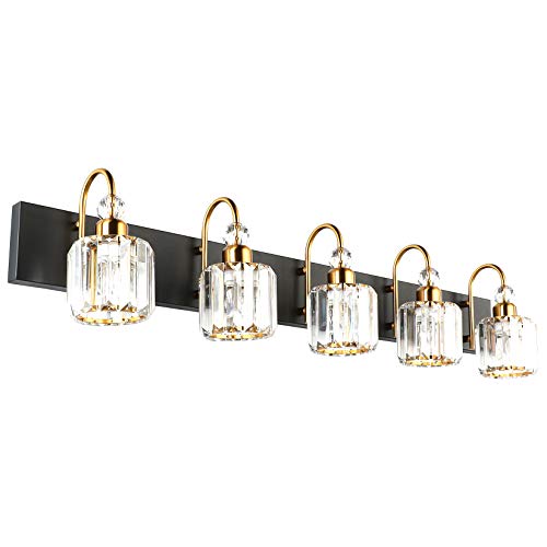 Image of Ralbay Modern LED Bathroom Vanity Lights 5-Lights Crystal Vanity Lights Over Mirror Modern Black Bathroom Vanity Lighting Fixtures