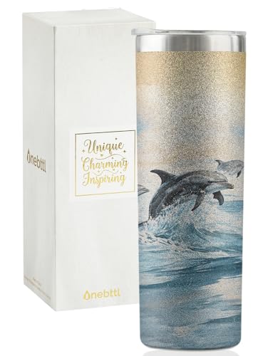 Onebttl Delfin Geschenke für Frauen, 590 ml Edelstahl-Becher mit Deckel und Strohhalm – glitzernder Sonnenuntergangs-Delphin Onebttl Delfin Geschenke für Frauen, 590 ml Edelstahl-Becher mit Deckel und Strohhalm – glitzernder Sonnenuntergangs-Delphin
