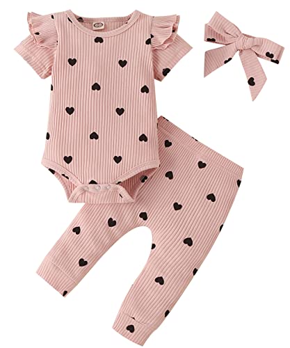 Image of Fullfamous Baby Girl's 3pc Rib Frill Long Sleeve Romper and Pant Set