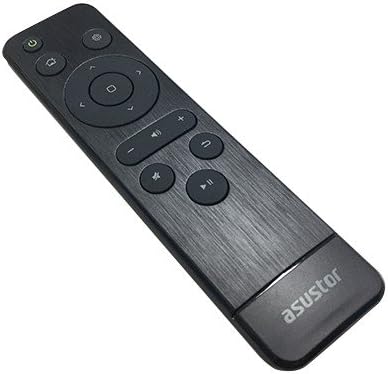 Úhlové view of the Asustor AS-RC13 remote control, highlighting its slim profile a rozložení tlačítek.