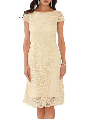 Image of Women's Floral Lace Dress Cap Sleeve Boat Neck Cocktail Midi Wedding Guest Dresses