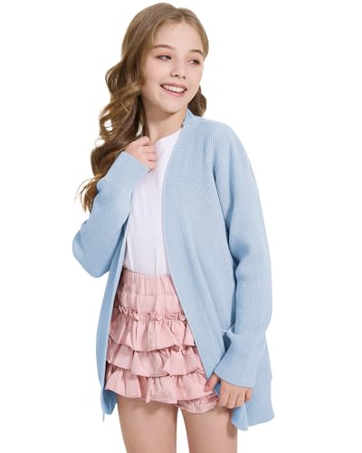 Image of WULFUL Girls Long Sleeve Cardigan Kids Casual Open Front Oversized Sweater with Pockets