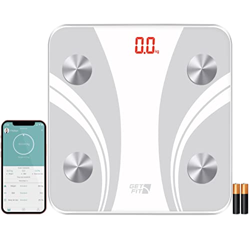 Get Fit Smart Bathroom Scales - Monitor Weight Loss Digital Body Weighing Scale - Connect to iOS/Android via Bluetooth with Easy to use APP Fitdays/Onfit, LCD Display & Automatic On/Off - White Get Fit Smart Bathroom Scales - Monitor Weight Loss Digital Body Weighing Scale - Connect to iOS/Android via Bluetooth with Easy to use APP Fitdays/Onfit, LCD Display & Automatic On/Off - White