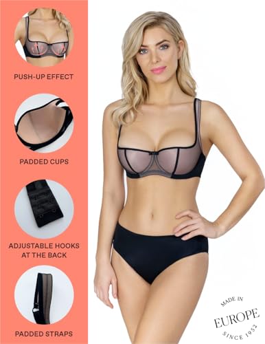 Image of Rosme Women's Balconette Bra with Push Up Effect Plus Size Sexy Lace Demi Half Cup Bra Underwired Low Cut Mesh Bras Grand