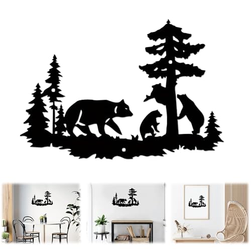 Decoration Murale Metal Décoration Murale Deco Murale Metal, Style Forestier Silhouette d'un ours et D'arbres Parchemin Mural Décoratif en fer Noir avec trou...