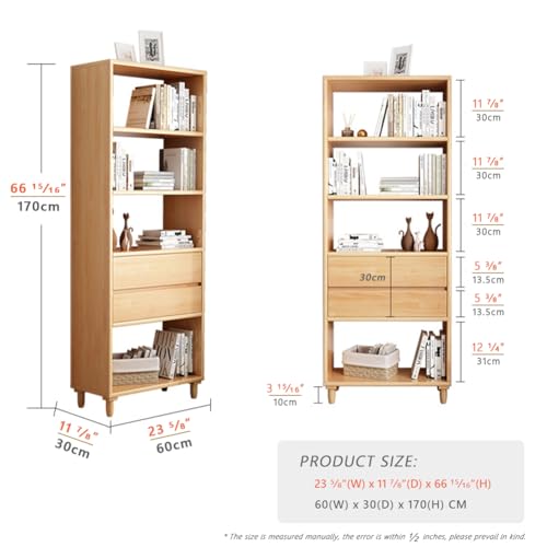 IOTXY 67 Oak Mid-Century Bookcase with Open Shelves and Double Drawers for Home and Office