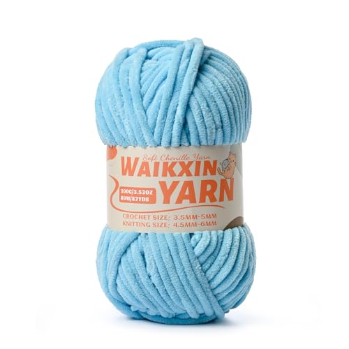 Image of (Azure Blue) Super Soft Fuzzy Chenille Chunky Yarn for Crocheting, 100g (87yds) Velvet Fluffy Amigurumi Yarn for Hand Knitting Baby Blankets Weaving Craft