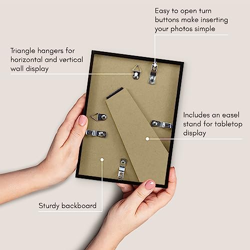 Americanflat 5x7 Picture Frame with Shatter-Resistant Glass - Streamline Collection - Thin Border Photo Frame for Tabletop and Wall Display - Hanging Hardware and Easel Stand Included - Black