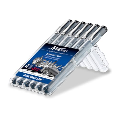 STAEDTLER ‎308 SB6P Pigment Liner Fineliner Pens with Assorted Line Width - Black (Set of 4 + 2 Free)