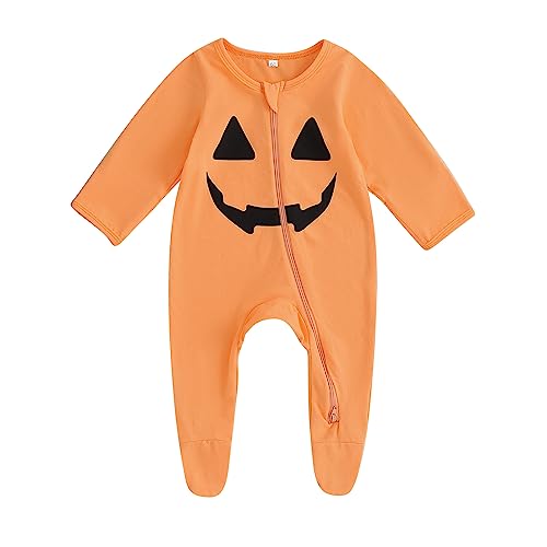 Image of FIOMVA Unisex Halloween Baby Girl Boy Footed Onesie Zip Up Romper Pumpkin Print Footie Zipper Onepiece for Newborn Infant