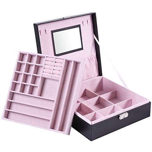 Furnikko Jewelry Box for Women, 2 Layer 31 Compartments Displays Storage Case, Jewelry Organizer with Lock,Large Mirror PU Leather Jewelry Display Box for Earrings, Bracelets, Necklaces (Black)