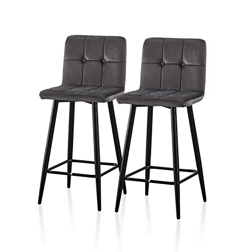 TUKAILAI Tabouret de Bar Lot de 2, Chaise avec Dossier et Repose-Pieds, Bar en Velours Tabourets de comptoir avec Base en métal pour Salle à Manger, Maison, pub, fête, Hauteur du siège 65 cm Gris Cover