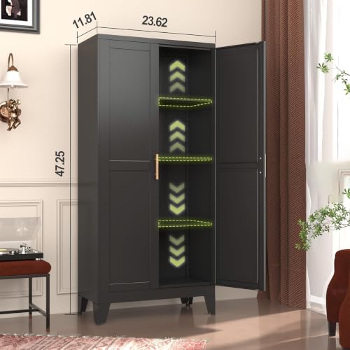 Image of GAIOUS Metal Storage Cabinet With 2 Doors and 3 Adjustable Shelves, Black Kitchen Pantry for Food, Utility Cabinet for Laundry Room, Cupboard