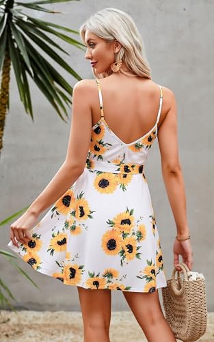 Image of ECOWISH Summer Dresses for Women 2026 V-Neck Spaghetti Strap Bowknot Backless Sleeveless Lace Mini Swing Skater Dress
