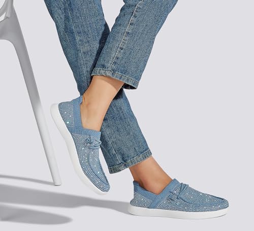 Image of BELOS Women's Rhinestone Lace Up Loafers Shoes Comfortable Slip On Mesh Knit Walking Shoes Fashion Lightweight Sparkly Glitter Sneaker