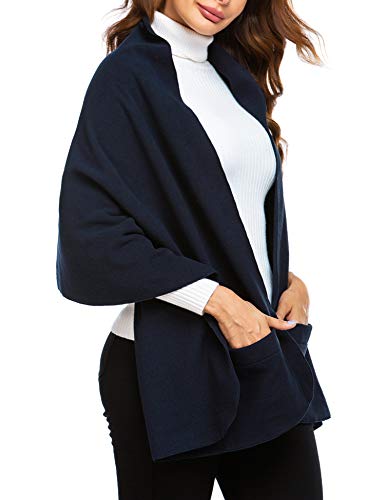 Ekouaer Shawls and Wraps for Women Large Cardigan Poncho Cape Open Front Winter Sweater Coat with Pockets Navy Large