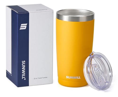 Image of SUNWILL Travel Coffee Tumbler 20 oz, Insulated Mug with Lid, Stainless Steel Cup for Hot and Cold Drinks, Powder Coated Yellow