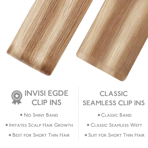 Image of WENNALIFE Invisible Edge Seamless Clip in Hair Extensions Real Human Hair | 18'' 130g 7pcs Light Ash Brown. Ultra-Thin PU Weft, Easy, Comfortable Clip in Luxury Remy Hair Extensions