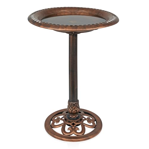 Alpine Corporation TEC116BZ Outdoor Pedestal Birdbath w/Scrollwork Base and Stakes, Elegant Garden Birdbath, 28' H, Bronze