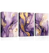 CXHOSTENT Purple and Gold Wall Art 3 Pack Abstract Art Wall Decor Marble Pictures Gold and Purple...