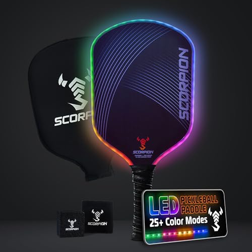Image of SCORPION LED Pickleball Paddles Set of 2 or 1 - Lightweight Rackets with LED Edge Lighting | Carbon Fiber /Fiberglass /Wood Face | Durable Paddles for Women, Men, and Kids | Includes Bonus Accessories