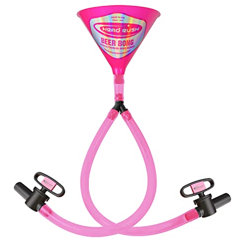 Head Rush Pink Double Header 2-Tube Beer Bong 8 x 6.5 Plastic Funnel with Dual Flexible Hose 2 2-ft Long Thick Tubes for Parties and Games for Adults.