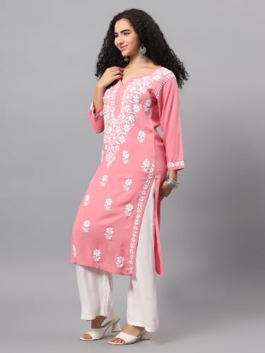 Image of Seva Chikan Hand Embroidered Lucknowi Chikankari Rayon Straight Kurta for Women SCL4532