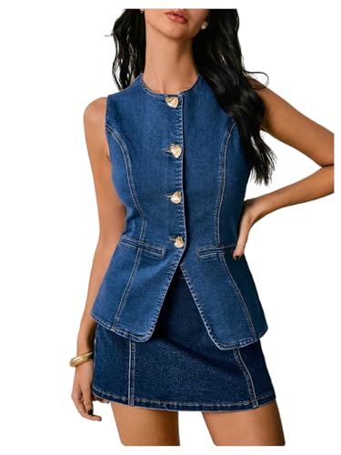WDIRARA Women's Button Down Denim Vest Sleeveless Tank Tops Jean Jacket Waistcoat