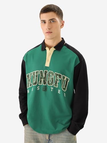 Image of The Souled Store Official Kung Fu Panda: Master Men and Boys Full Sleeve Collared Neck Multicolor Graphic Printed Cotton Oversized T-Shirts