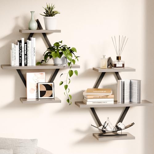 Image of Floating Wall Shelves, Set of 2, Gray | 3-Tier Hanging, Wall Mounted, Sturdy & Durable, For Bathroom, Living Room, Bedroom, Kitchen, Office