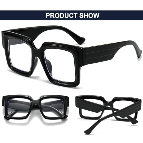 Image of Mirkcittle Eyeglasses Oversized Blue Light Glasses for Women Men Square Fashion Thick Glasses Non-Prescription Black Glasses