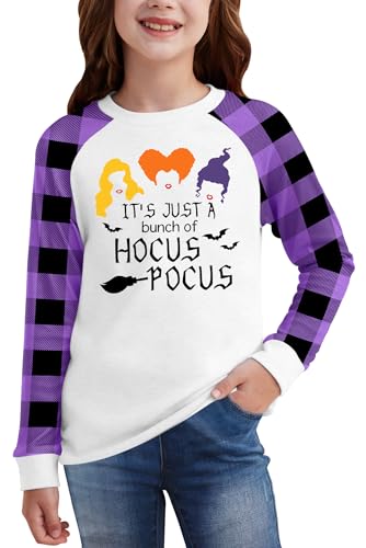 Image of BesserBay Girls Halloween Funny Plaid Graphic Shirt Long Sleeve Spooky Patchwork Raglan Top 5-14 Years