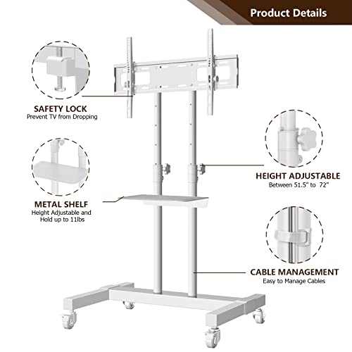 Mobile Tv Stand Rolling Tv Cart Floor Stand With Mount On Lockable Wheels Height Adjustable Shelf For 32-80 Inch Tv Stand Flat Screen Or Curved Tvs Monitors Display Trolley Loading 110 Lbs, White #TOP4