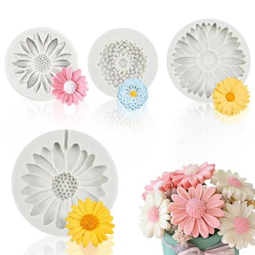JAXICREY 4 Stück Silikonform Blumen, Gips Gießen Formen Gänseblümchen Gießformen Silikonform Blume Silikon Formen zum Gießen für Kuchendekoration Cupcake Topper Handgemachte Seifen Kerzen