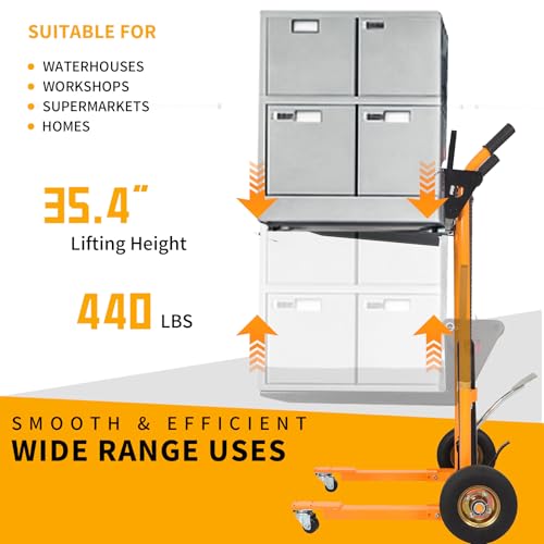 Tory Carrier Hydraulic Winch Stacker, 440lbs Capacity Material Pallet Stacker, 35.4\" Lifting Height, Pallet Truck Dolly, 9.1” Rubber Wheels Lift Table Cart, Forklift with Steel Platform Board - Thumbnail 3