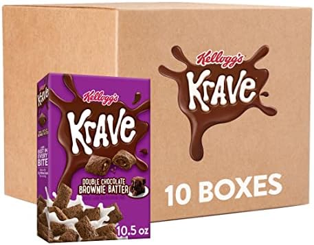 Kellogg's Krave Cold Breakfast Cereal, Kids Snacks, Double Chocolate, Brownie Batter, 6.5lb (10 Boxes)