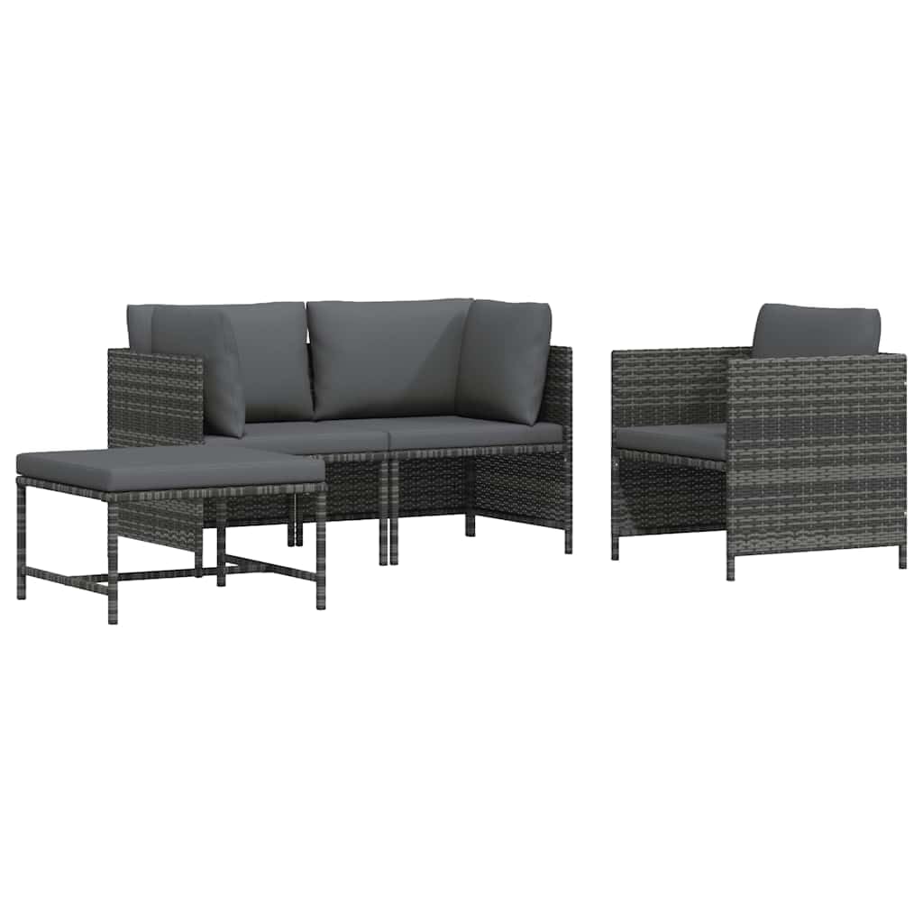 Canapé de jardin en polyrotin gris, salon modulaire 4 pièces avec coussins d'extérieur