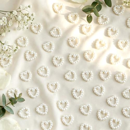 FineCheer 500 Pcs Pearl Heart Table Scatter Confetti Wedding Pearl Heart Plastic Faux Bead Charm Table Scatter Decoration for DIY Craft Nail Wedding Party Cake Bridal Shower Decorations 0.39 x 0.47